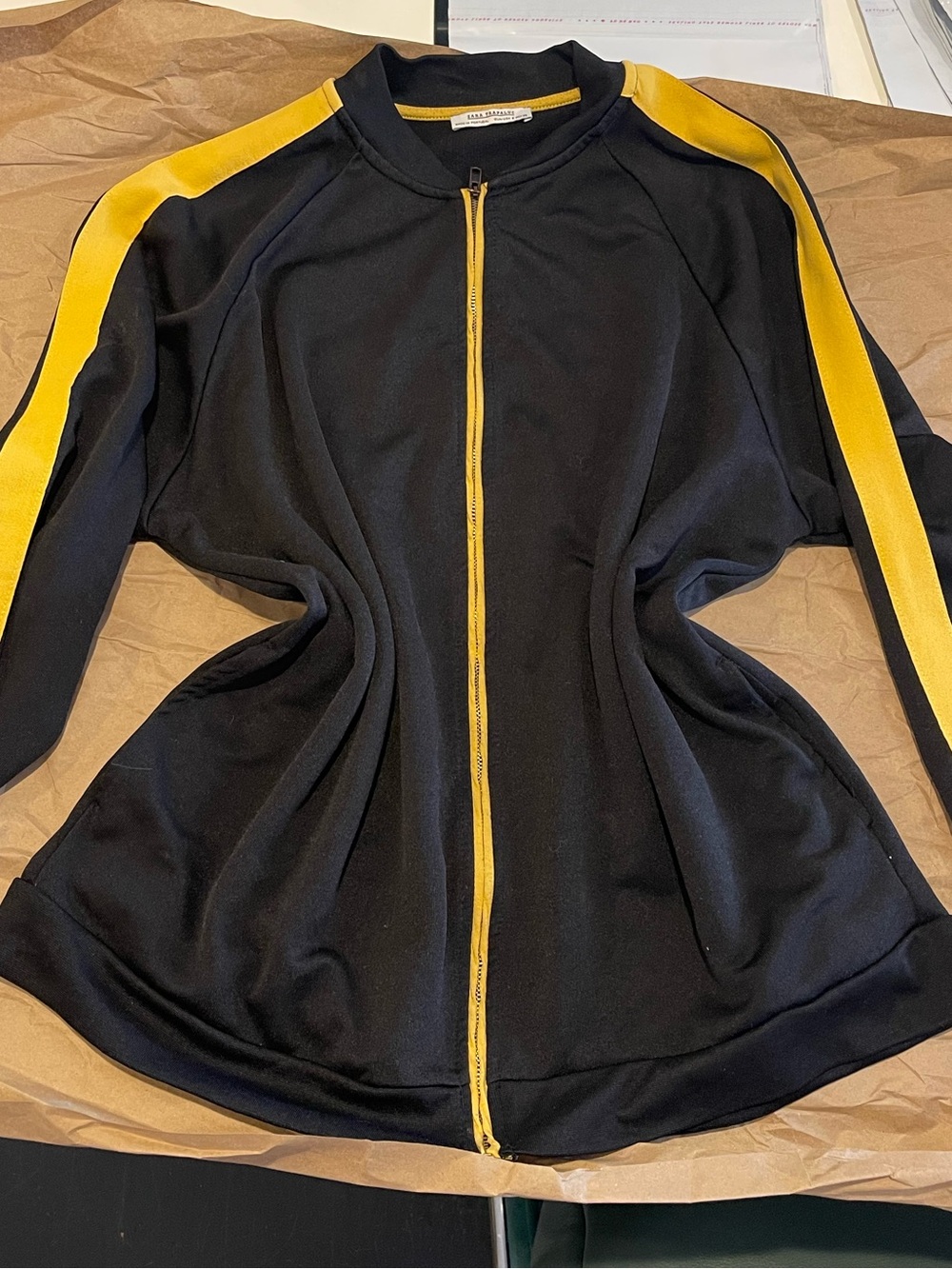 Zara Black Women's Zip-Front Jacket with Yellow Stripe Size M